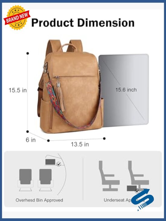 Leather Laptop Backpack 15.6 inch PU Ladies Travel Work Bag Convertible